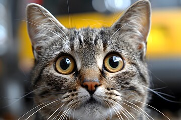 Brown and gray cat on yellow background.