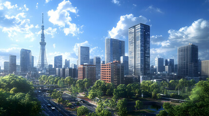 Obraz premium 3D Cityscape Illustration with Skyscrapers and Lush Trees
