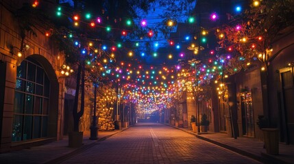 Cobblestone Street Adorned with Colorful String Lights