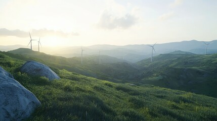 A scenic landscape featuring wind turbines on rolling hills, with green fields and a dramatic