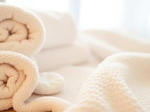 Soft and luxurious towels in a spa setting, featuring a terry cloth texture that exudes relaxation and pampering, warm, terry cloth, serene
