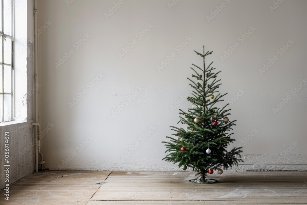 Poster a simple, decorated christmas tree stands alone in an empty room with natural light streaming in fro