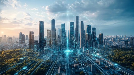 Futuristic Cityscape with Digital Network Overlay