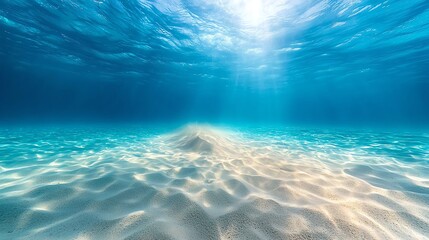 Serene underwater scene showcasing sunlight filtering through crystal-clear ocean water, illuminating sandy seabed.