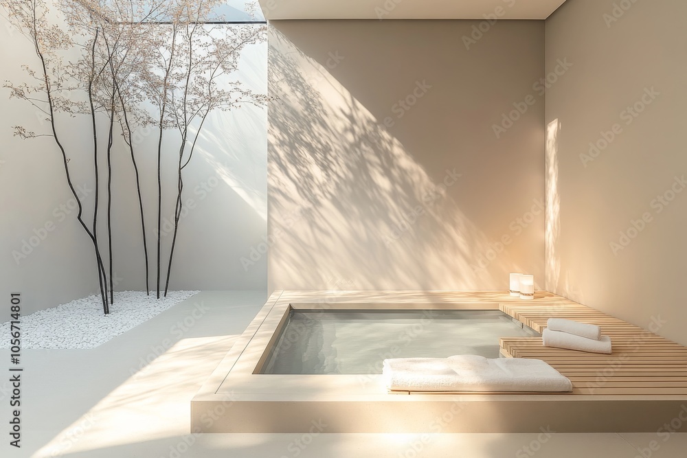 Poster a small pool with a tree in the background. the pool is surrounded by white gravel and has a wooden 