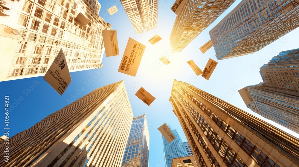 Poster dynamic view of urban architecture with floating valuations above city blocks