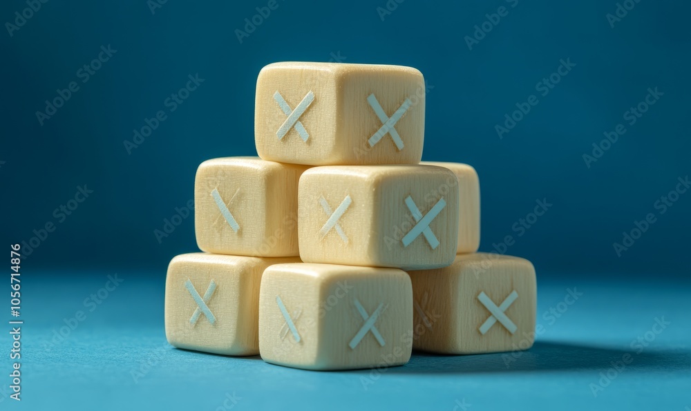Poster a stack of vanilla-colored wooden cubes featuring checkmarks is displayed on a blue surface, providi