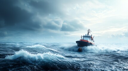 A bold tugboat battles through choppy waters under a dramatic sky, showcasing the power of nature and maritime resilience.