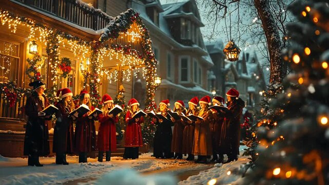 Christmas carolers singing joyfully outside a decorated house, with snow gently falling around them, spreading holiday cheer. . Video