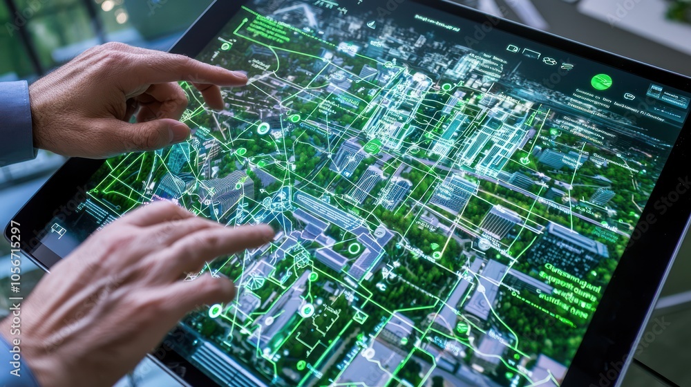 Poster exploring advanced technology a futuristic tablet interface for urban planning and data visualizatio