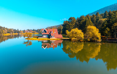 Fototapeta premium Bolu Golcuk Lake and famous house view with reflections.