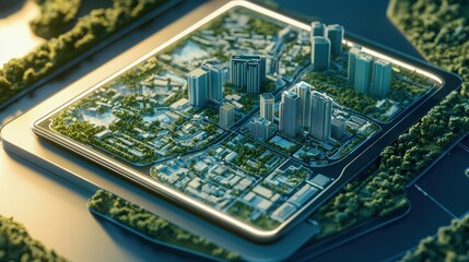 Futuristic tablet showcasing a vibrant urban landscape in layered detail