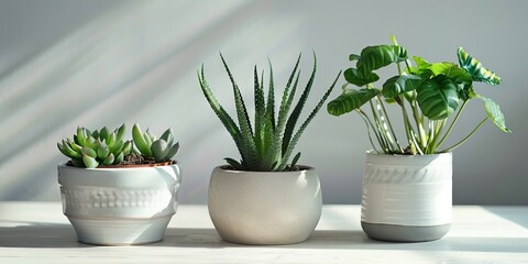 Obraz premium A trio of modern potted succulent plants arranged on a white wooden table, bathed in soft natural light, creating a serene and minimalist aesthetic.