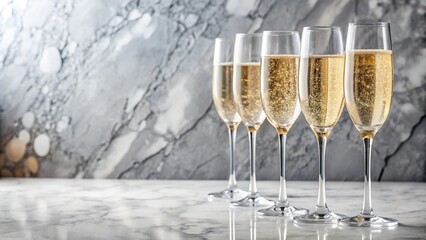 Obraz premium Sparkling wine glasses filled with bubbly liquid and placed on a marble countertop, sparkling wine, champagne, elegance, sophisticated, glassware