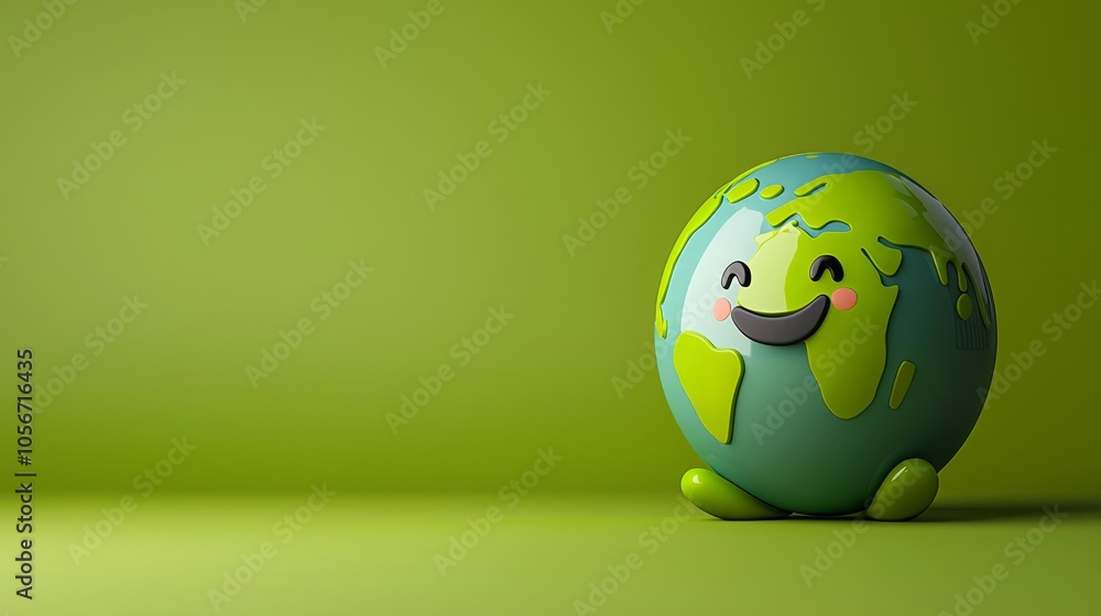 Poster a 3d rendering of a smiling earth globe with continents and a green background. the globe is a fun, 