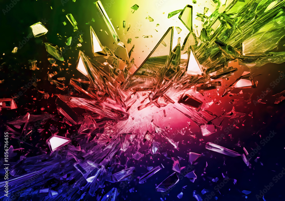 Poster Broken glass on a multicolored background. 3d rendering