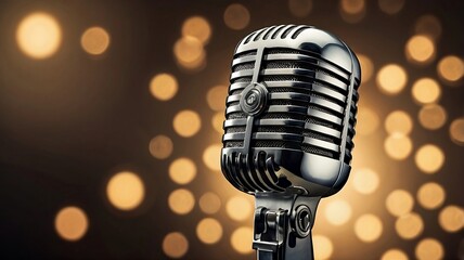 Metallic retro microphone for singer with bokeh background