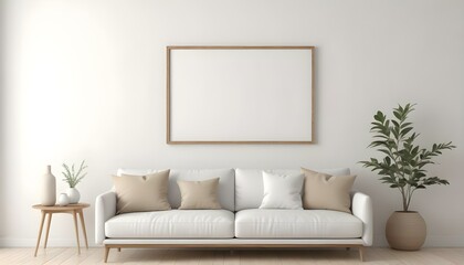Naklejka premium A minimalist living room with a white sofa, beige throw pillows, and a wooden frame on the wall