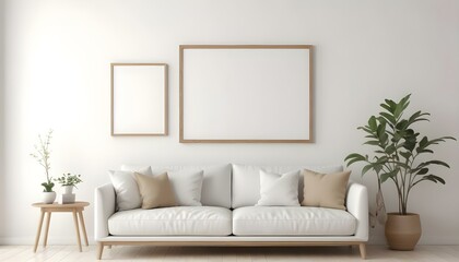 A minimalist living room with a white sofa, beige throw pillows, and a wooden frame on the wall