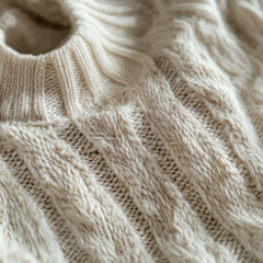 Close-up of beige knit sweater with cable design