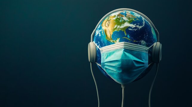 The Earth is wearing a face mask and headphones, a symbolic representation of the global impact of the pandemic.