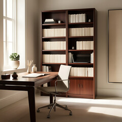 A serene and organized minimalist home office setup, bathed in soft, warm, natural light pouring in through a nearby window, features a sleek, wooden desk with a simple