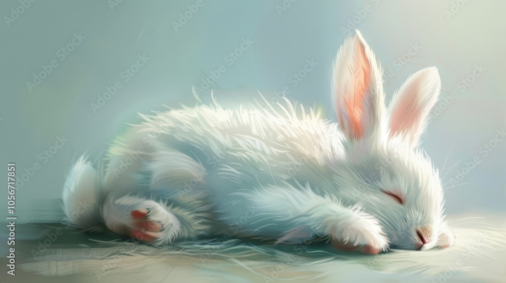 Poster a rabbit is sleeping on a surface. the rabbit is white and fluffy. the rabbit is resting on a surfac
