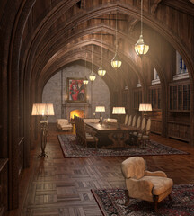 Antique library interior 3d render. No AI used