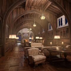 Antique library interior 3d render. No AI used