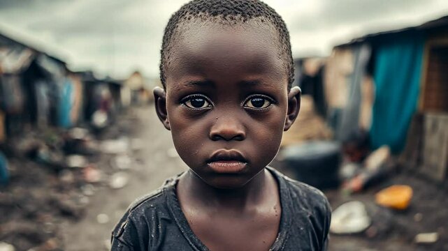 A young boy stares intently at the camera in a crowded, impoverished neighborhood