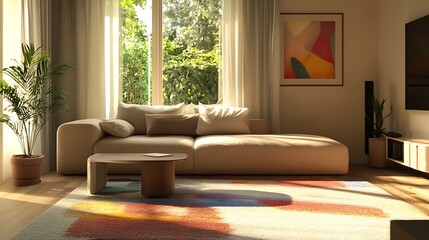 A living room with a large beige sofa, a coffee table, and a rug with colorful abstract patterns. 