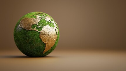 A 3D rendering of a green and gold globe against a brown background. The globe is covered in green grass with gold continents.