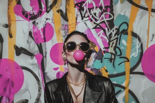 A person with sunglasses blows bubblegum in front of a vibrant graffiti wall filled with colors and artistic expressions