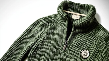 This is a dark green, long-sleeved sweater made of fine merino wool. It has a quarter-zip neck with a funnel shape. The collar is the same green color with two thin cream stripes at the top.