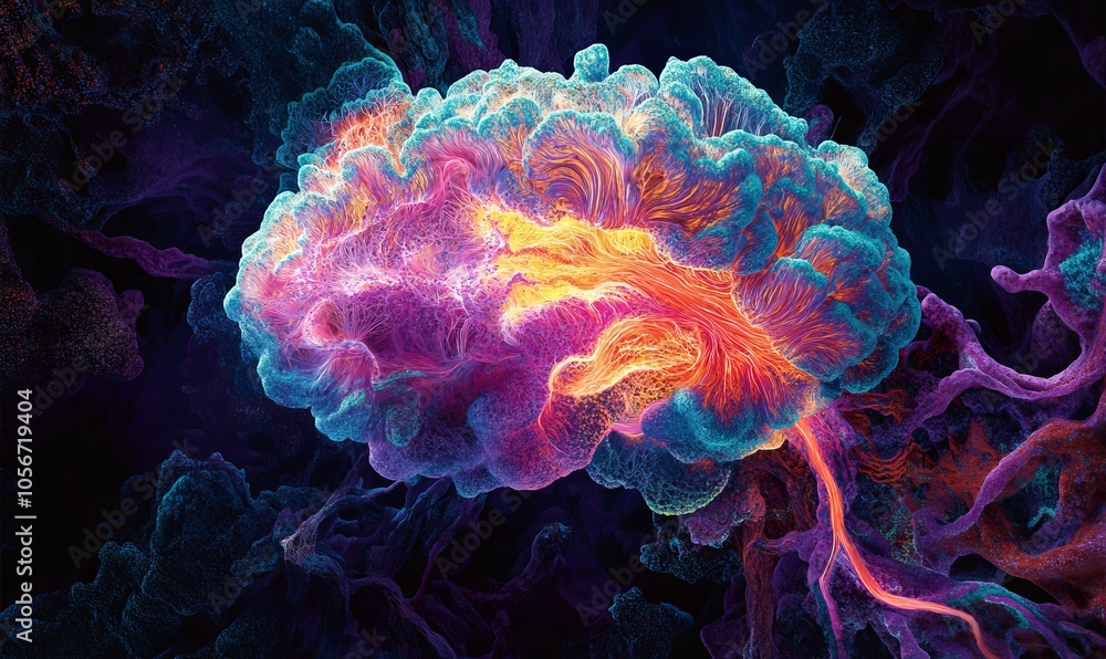Poster a vibrant and colorful representation of a brain, showcasing intricate details and neural connection