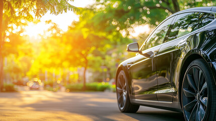 Fototapeta premium Black car parked on a sunny street with green foliage..