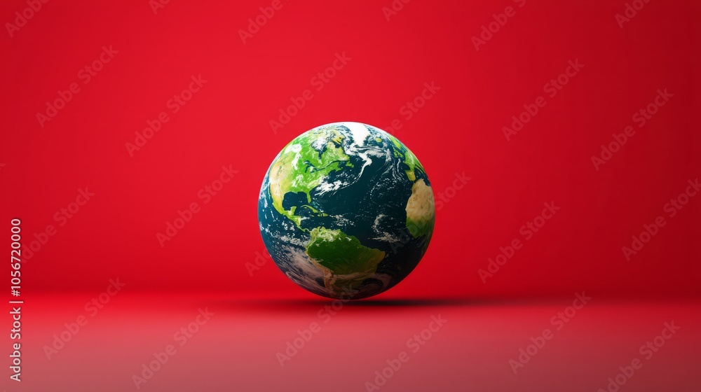 Poster a 3d rendering of planet earth against a solid red background. this image represents the global natu