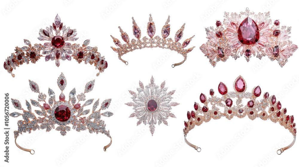 Poster elegant crowns and tiaras with red gemstones transparent background generative ai