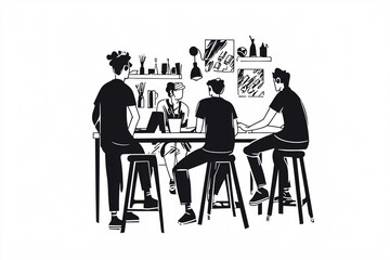 Fototapeta premium illustration of team members collaborating in a contemporary workspace, highlighting creativity and teamwork against a white background.