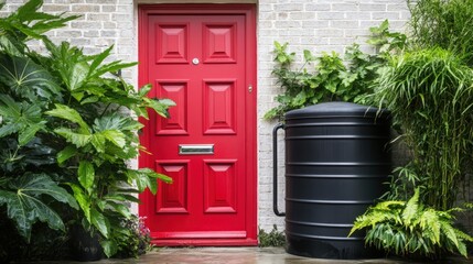 Rain barrel for rainwater harvesting surrounded by pot plants in front of dutch house

