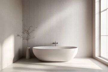 A serene, minimalist bathroom featuring a sleek freestanding bathtub, natural light, and subtle decor for a tranquil ambiance.