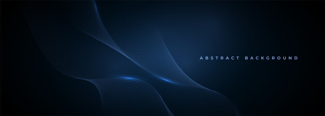 Abstract dark blue vector background with glowing blue wavy lines. Wide vector illustration