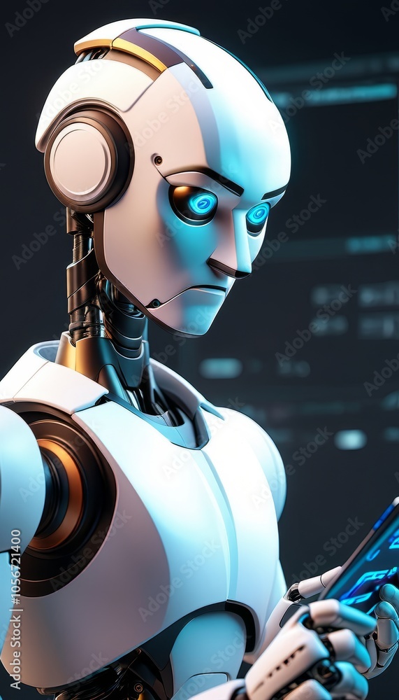 Poster futuristic robot analyzing data on digital device with blue highlights