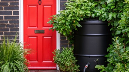 Rain barrel for rainwater harvesting surrounded by pot plants in front of dutch house
