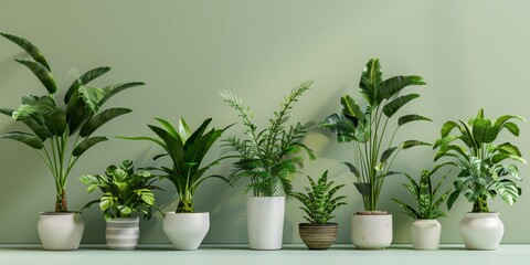 Obraz premium A diverse assortment of indoor houseplants in modern pots, arranged against a light green backdrop, showcasing different types of foliage.