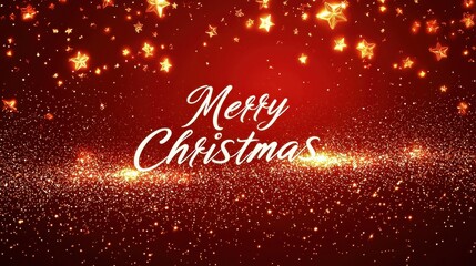 Minimalist "Merry Christmas" message in white cursive font on a red background, with a scattering of golden stars and tiny snowflakes creating a festive holiday atmosphere