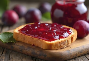 A slice of toast with a thick layer of red jam or preserves on a wooden cutting board, with a jar of the same jam in the background