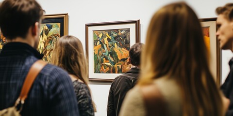 Visitors admire vibrant artwork at an art gallery, appreciating the creativity and styles of various pieces during an afternoon exhibit