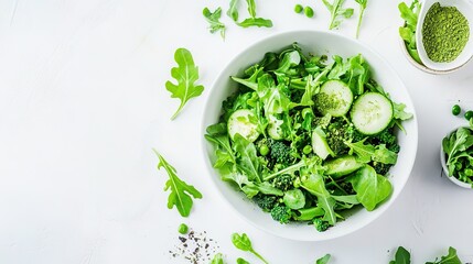 Obraz premium A fresh and vibrant salad topped with a delicate sprinkling of matcha, showcasing a medley of colorful vegetables and greens. This healthy dish features crisp lettuce, juicy tomatoes,