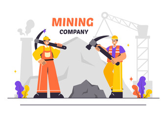 Mining Company Vector Illustration Featuring Heavy Yellow Dumper Trucks for Industrial Sand Mining Process or Transportation in a Flat Background